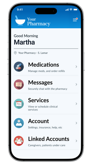 Patient portal app home screen showing quick actions for medications, messages, and services.