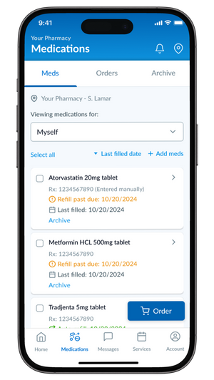 Patient portal medications screen listing prescriptions with refill options.