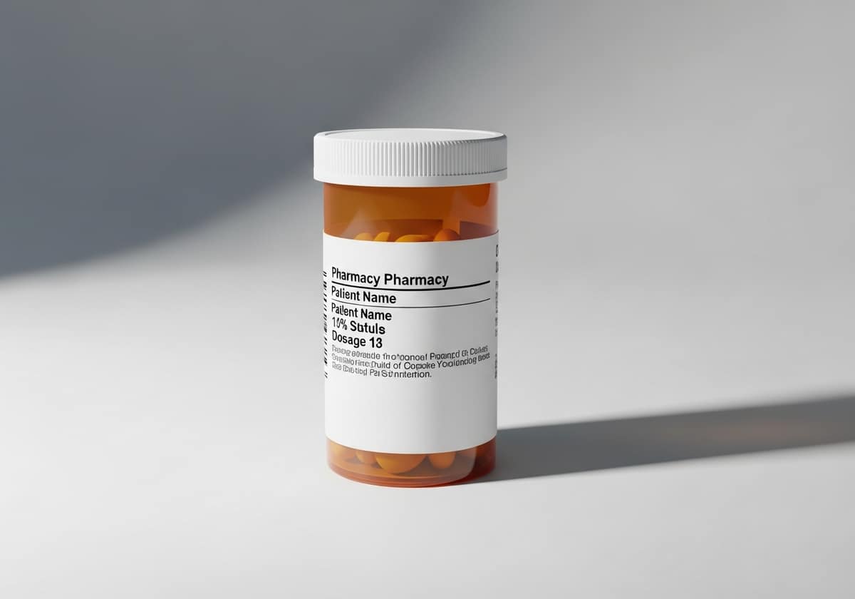 A single amber prescription bottle with a white label on a plain, softly lit background
