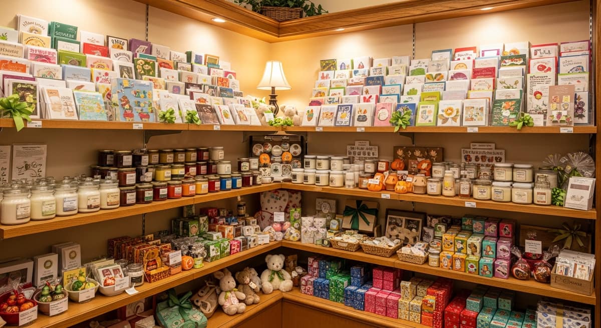 Wooden shelves in a pharmacy gift shop displaying greeting cards, candles, and seasonal gifts