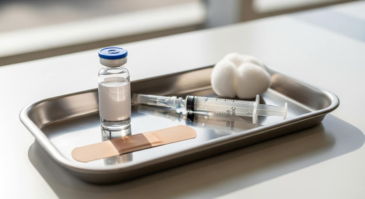A stainless steel tray on a bright counter with a vaccine vial, capped syringe, cotton ball, and bandage